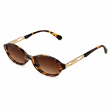 Lentes de sol con armazón ovalado estilo carey (tortoise) en tonos marrones y negros, con detalles metálicos dorados en las patillas y lentes degradados en tono marrón.