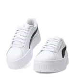 Championes Puma modelo Karmen II Leather, de diseño urbano con plataforma. Presentan un exterior de cuero blanco con la icónica franja lateral de Puma en color negro y logo plateado. Cuentan con suela de goma robusta y plantilla acolchada para mayor confort.