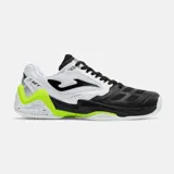 Championes de tenis Joma Set Clay para hombre, diseñados para ofrecer estabilidad y resistencia en canchas de tierra. Presentan una combinación de colores blanco, negro y detalles en verde neón. Confeccionados con micro poliuretano y nylon con perforaciones láser para mayor transpirabilidad, cuentan con entresuela Full Dual Pulsor para amortiguación y suela de goma DIN-40 resistente a la abrasión.