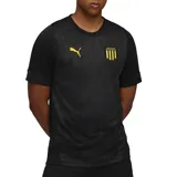 Remera de entrenamiento Puma del Club Atlético Peñarol, color negro con estampado gráfico sutil en el frente. Presenta el logo de Puma en amarillo y el escudo del club en el pecho.