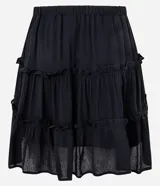 Minifalda negra texturizada de viscosa con cintura elástica, lazo ajustable y volados.