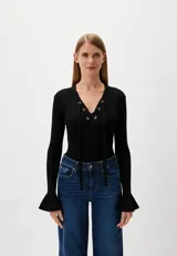 Suéter Twinset de tejido de punto fino negro con escote en V y lazos entrecruzados. Tiene manga larga con puños acampanados.