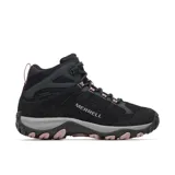 Botas de trekking impermeables Merrell modelo Accentor 4 Mid WP para mujer. Confeccionadas con parte superior de ante impermeable y malla, entresuela de espuma EVA y suela exterior de goma. Presentan diseño en color negro con detalles en rosado y gris.