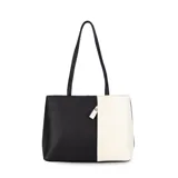 Cartera tipo tote de cuero sintético con diseño combinado en tono gris y blanco, textura granulada, asas largas para el hombro y cierre superior.
