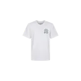 Remera blanca de manga corta de la marca Casablanca, con cuello redondo y pequeño estampado tipográfico en el pecho con texto en color verde.