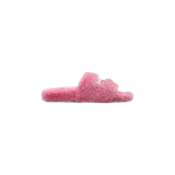 Sandalias planas Balenciaga de pelo sintético color rosado, con tira ancha superior y detalle de logo bordado con strass.