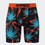 Calzoncillos bóxer PSD negros con estampado de hojas de marihuana azules y detalles en naranja.