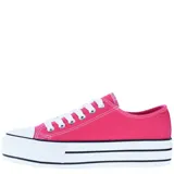 Championes urbanos rosados de lona con plataforma blanca y cordones blancos.