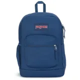Mochila Jansport azul marino con un compartimento principal, bolsillo frontal con cierre, bolsillo lateral de malla para botella de agua y funda interna acolchada para laptop de 15 pulgadas.