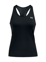 Musculosa deportiva Under Armour negra, con espalda racerback y logo reflectivo en el pecho.