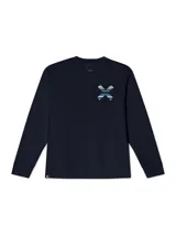 Buzo de cuello redondo color azul marino, con diseño de X bordada en la espalda con estampado étnico multicolor. Cuenta con el logo de la marca estampado en la parte superior de la espalda.