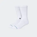 Medias de caña media color blanco, con tejido acanalado en la parte superior y logo de la marca bordado en el lateral. Presentan una línea fina de color turquesa en la puntera.