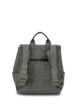 Mochila Hush Puppies modelo Dallas de ecocuero gris, con compartimento principal con solapa y cierre, bolsillos delanteros y laterales abiertos, y bolsillo trasero con cierre. Cuenta con asa superior y correas ajustables.