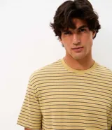 Remera masculina de algodón con diseño de rayas horizontales en hilo teñido, cuello redondo y mangas cortas, con calce boxy amplio y recto.