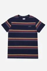 Remera de hombre de manga corta con cuello redondo y ajuste regular. Presenta un diseño a rayas horizontales en tonos tostado, azul marino y blanco, con el logo de la marca bordado en el pecho.