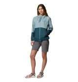 Campera cortavientos Columbia Flash Forward II para mujer, en diseño bicolor con tonos celestes y azul oscuro. Cuenta con capucha ajustable, cierre frontal, bolsillos con cremallera y puños elásticos.
