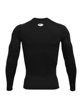 Remera de compresión Under Armour de manga larga, color negro, con cuello redondo y logo de la marca estampado en el pecho. Diseñada con tecnología HeatGear para absorción de sudor y paneles de malla para ventilación.