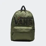 Mochila Vans color verde militar con logo Vans en el frente con estampado camuflado.