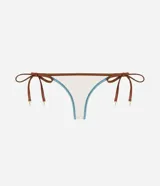 Bombacha de bikini confeccionada en microfibra texturada color marfil con ribetes marrones y celestes, modelo con ataduras laterales regulables.