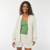 Buzo de muletón blanco off-white con capucha, cierre frontal de cremallera, bolsillos tipo canguro y cordón ajustable en la capucha.