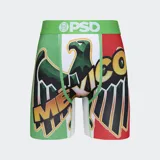 Calzoncillos bóxer de la marca PSD con diseño alusivo a la bandera de México, con el águila y la palabra "México" en el frente.