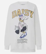Buzo de cuello redondo con estampa frontal de Daisy Duck. Presenta mangas largas con puños y ruedo terminados en rib, confeccionado en tejido de algodón con felpa interna.