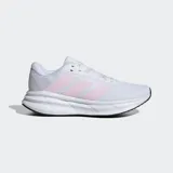 Championes de running Adidas modelo Galaxy 7, color blanco con detalles en rosado claro en las bandas laterales y suela negra. Presentan una parte superior de malla textil transpirable y mediasuela con tecnología Cloudfoam para mayor amortiguación.