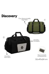 Bolso deportivo negro con detalles en gris, con bolsillos frontales y laterales, correa desmontable y regulable, y base con almohadillas antideslizantes.