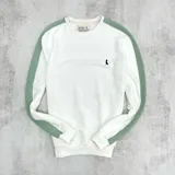 Buzo deportivo blanco con mangas largas y cuello redondo. Presenta una franja vertical verde en los hombros y un logo pequeño bordado en el pecho.
