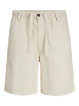 Short chino de corte relajado con tiro semi caído, confeccionado en tejido canvas de algodón y lino. Presenta cierre de cremallera, cordón ajustable en la cintura y bolsillos delanteros y traseros.