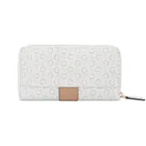 Billetera Guess modelo Isabella, de formato rectangular con cierre perimetral. Presenta un estampado monograma de la marca en color blanco y una franja central vertical en color tostado con placa metálica dorada con el logo grabado.