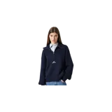Sweater de punto acanalado color azul marino, con cuello polo y cierre frontal parcial, de manga larga y diseño holgado, con logo bordado en el pecho.