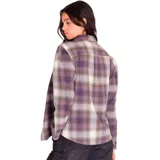 Camisa de franela a cuadros en tonos lila, gris y blanco, de corte relajado, manga larga y bolsillo en el pecho. Presenta etiqueta con el logo de CAT en la costura lateral izquierda, botones de metal en el centro delantero y en los puños, y dobladillo de camisa.