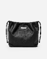 Cartera tipo tote de cuero color marrón, con diseño fruncido en la parte superior y abertura central para llevar en la mano. Presenta una silueta flexible y espaciosa.