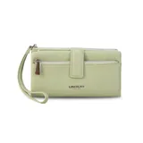 Billetera Lincoln's de mujer en color negro, confeccionada en símil cuero con textura granulada. Presenta un diseño rectangular con cierre de broche, bolsillo frontal con cierre metálico, correa de mano extraíble y logo de la marca grabado en el frente.