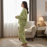 Pijama de dos piezas de tejido plush texturado con diseño de puntos en relieve, compuesto por un buzo de manga larga con cuello redondo y un pantalón largo de corte recto.