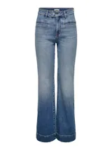 Pantalón de jean estilo flare y tiro alto, en tono azul claro con efecto lavado. Presenta bolsillos frontales tipo ribete y botamanga ancha.