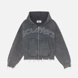 Campera de punto tipo hoodie con cierre frontal, capucha y bolsillos delanteros, con diseño holgado (boxy fit) y detalles desgastados en los bordes. Marca Scuffers.