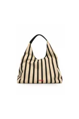 Cartera shopper de gran tamaño con diseño a rayas verticales en color beige y negro, asa de hombro y el logo de la marca bordado en rojo en la parte inferior.