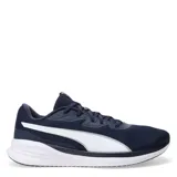 Championes de running Puma Night Runner V3, color azul marino con detalles en blanco. Presentan una parte superior de malla transpirable, cierre con cordones y suela con amortiguación SOFTFOAM+ para mayor comodidad.
