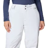 Pantalón de esquí Columbia modelo Bugaboo II, color blanco con refuerzos negros en la parte inferior. Cuenta con tecnología impermeable y transpirable, aislamiento térmico reflectante, cintura ajustable, bolsillos con cierre y polainas internas.