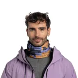 Cuello multifuncional Buff Original Ecostretch con estampado abstracto en tonos violeta, negro y ocre.