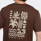 Remera de manga corta color marrón con cuello redondo. Presenta un pequeño logo estampado en el pecho con el nombre de la marca y motivos gráficos.