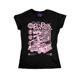 Remera negra de corte entallado con estampa frontal en color rosa que presenta a la Pantera Rosa en un puesto de comida rápida.