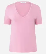 Blusa básica de manga corta con cuello en V, confeccionada en tejido de viscosa con elastano. Presenta un diseño liso y corte ajustado.