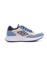 Championes Umbro modelo Volcan, con diseño urbano en combinación de colores beige y azul. Presentan el logo de la marca en el lateral, suela blanca de plataforma y cierre con cordones.