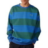 Buzo Rip Curl modelo Disorder Stripe, de diseño a rayas horizontales en tonos azul y verde, con cuello redondo y el logotipo de la marca bordado en el pecho.