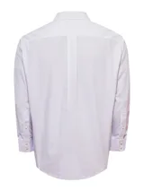 Camisa de vestir de manga larga con diseño de rayas verticales finas en tonos beige y azul claro. Presenta cuello italiano, cierre frontal con botones y un bolsillo en el pecho con el logo de la marca bordado.