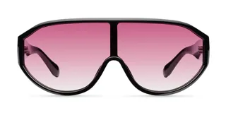 Lentes de sol estilo deportivo con lente panorámica envolvente de color rosado degradado y montura negra de diseño técnico.