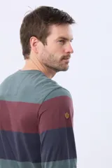 Remera de manga larga con diseño de franjas horizontales en tonos verde militar, bordó y azul marino, con cuello redondo y pequeño texto estampado en el pecho.